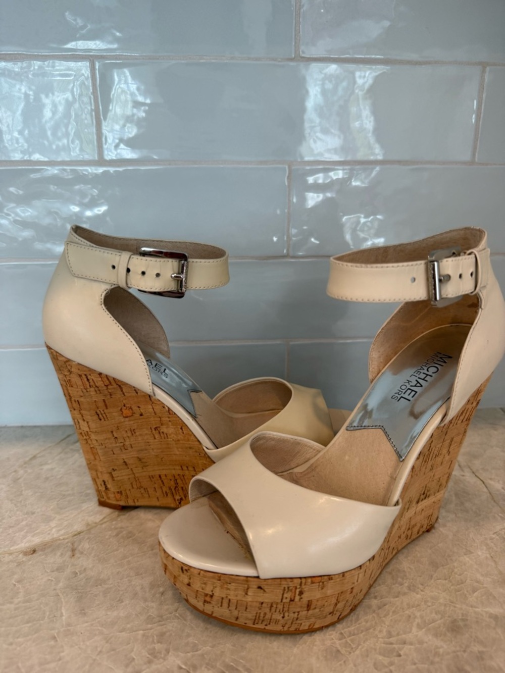 Michael Kors Ivory Leather Cork Wedge Sandals with Ankle Strap